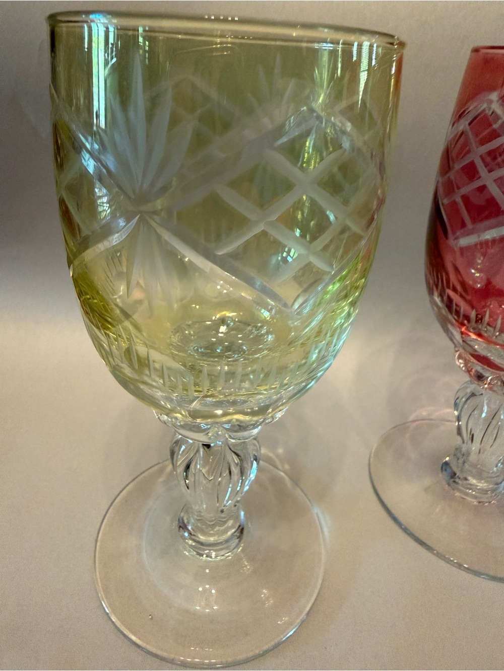 Cut Crystal Wine Goblet - Pink and Light Green set of two (2) - Picture 4 of 7